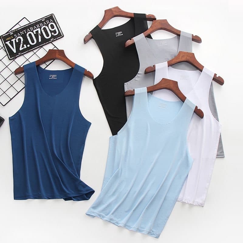 Men's ice silk seamless vest, white summer tight fit wide shoulder V-neck sports sleeveless base thin style, one-piece drop shipping.