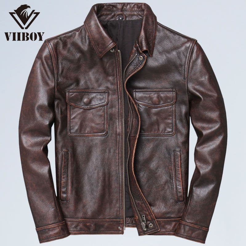 Clearance Cowhide Grain Lapel Motorcycle Leather Jacket Men Genuine Leather Americana Casual Vintage Retro Leather Coat
