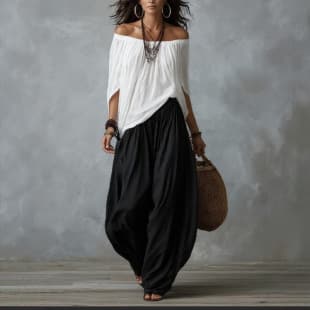 2026 New Off-Shoulder European-American Style T-Shirt and Wide-Leg Pants Set Women's Fashion Elegant Two-Piece Long Sleeve Casual Pants