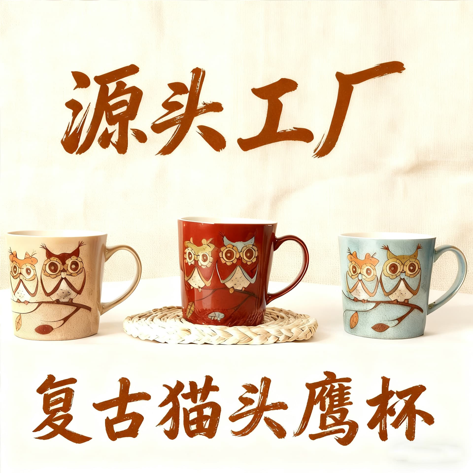 Source factory retro old owl ceramic cup ins forest coffee cup large capacity V-shaped mug