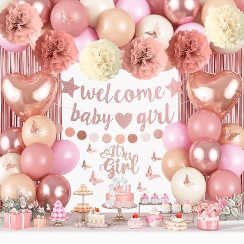 Amazon Baby Shower Decoration Balloon Set with Pompoms and Tassels for Girl Birthday Party Pink Decor