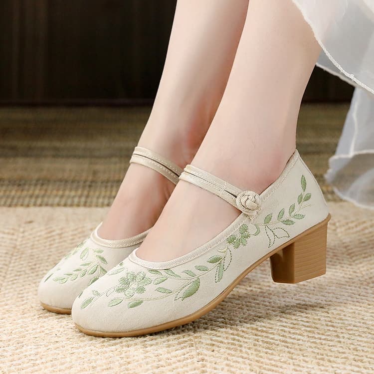 2023 Four Seasons Spring Summer 5CM Round Toe High Heel Shoes Business Professional Commuter Low Heel Embroidered Mid Heel Button Ethnic