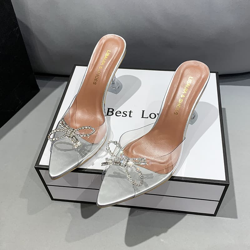 European and American fashion bow-tie thin heel crystal heel slippers for women, one-strap pointed toe high-heel slippers