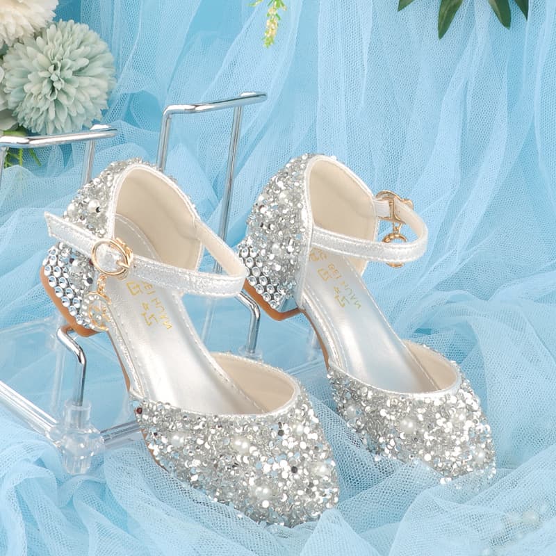 Children's High Heels with Crystal Bow, New Arrival in Stock, Shiny Princess Shoes for Girls Piano Performance Leather Shoes