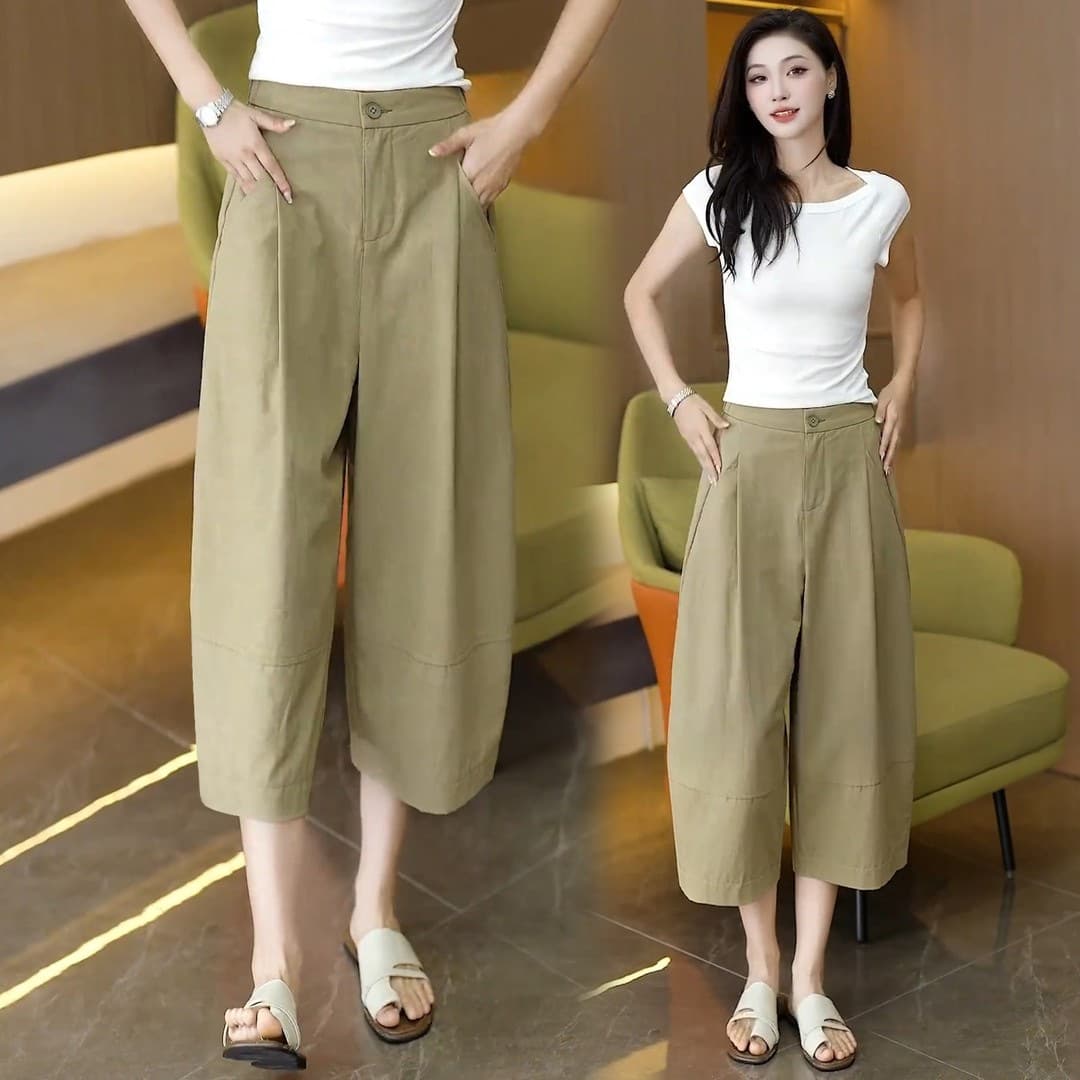 Khaki Tencel cotton and linen wide-leg casual pants for women 2026 new eight-point pants summer thin scimitar pants mid-pants