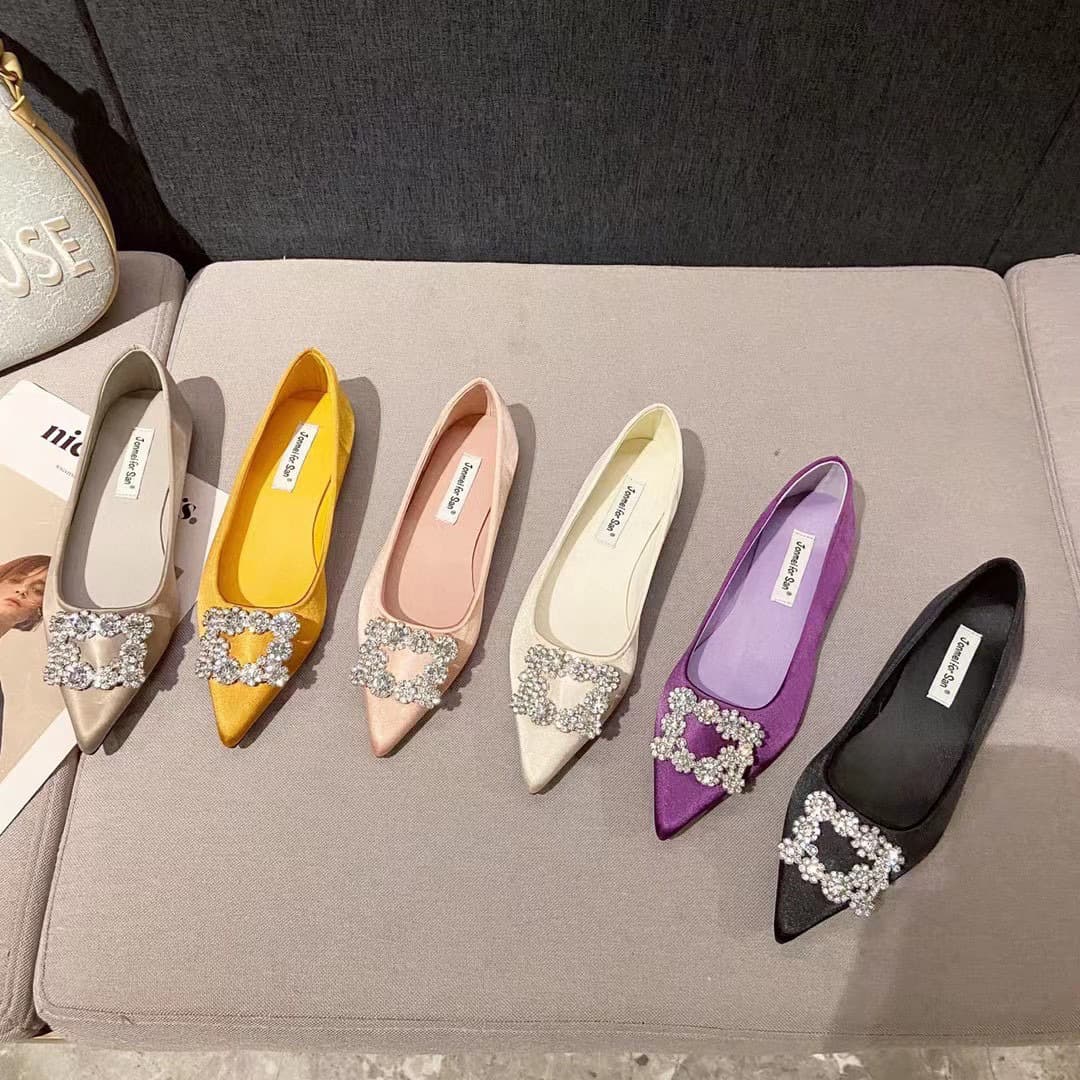2025 New Four-Season Women's Shoes, Spring/Autumn French Shallow-Mouth Soft-Sole Women's Shoes, Rhinestone Square Buckle Elegant Pointed-Toe Flat Shoes