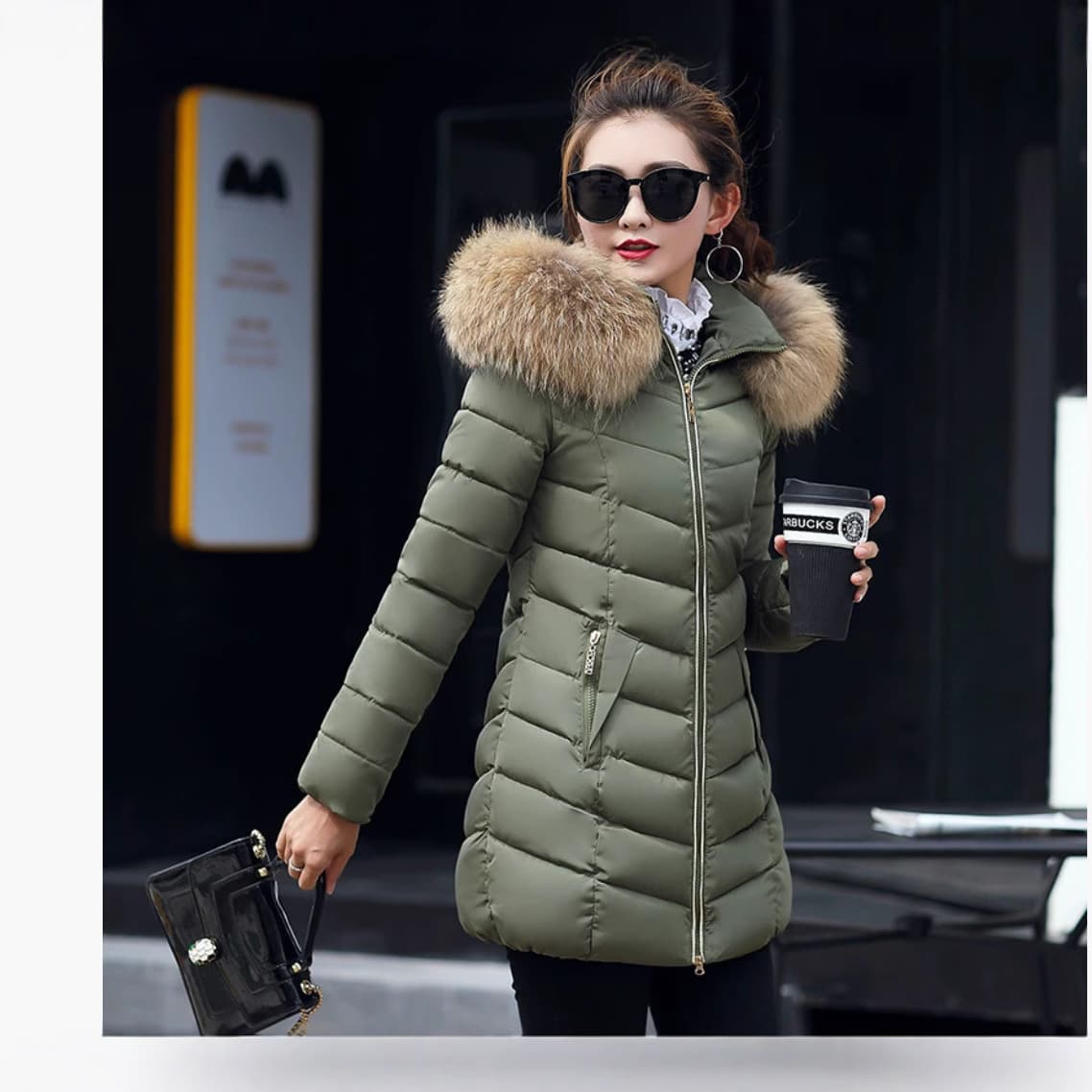 Winter Korean New Style Cotton Coat for Women, Mid-Length Slim Fit Cotton Jacket with Large Fur Collar, Thick Quilted Outerwear
