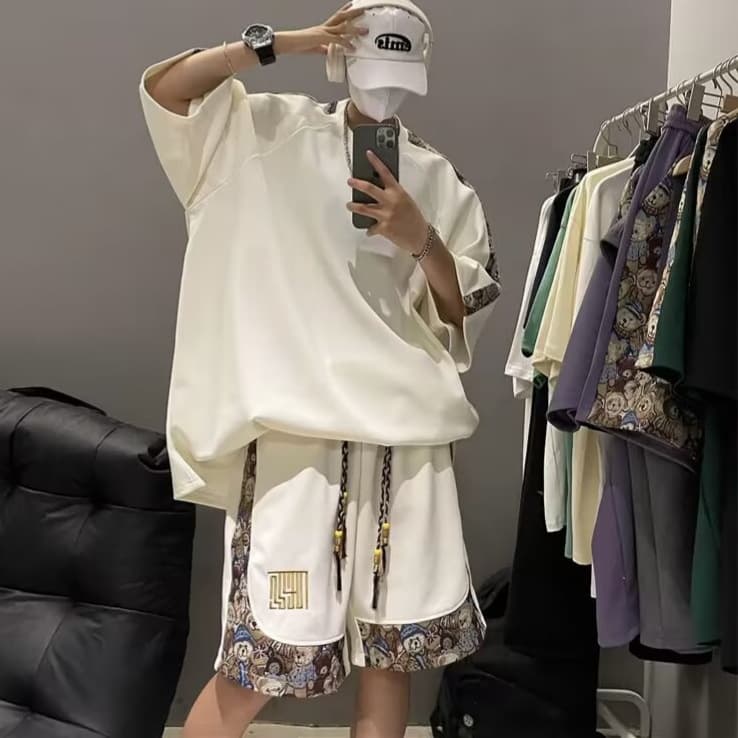 2024 summer short-sleeved shorts two-piece set men's large size ins relaxed casual sports suit new style