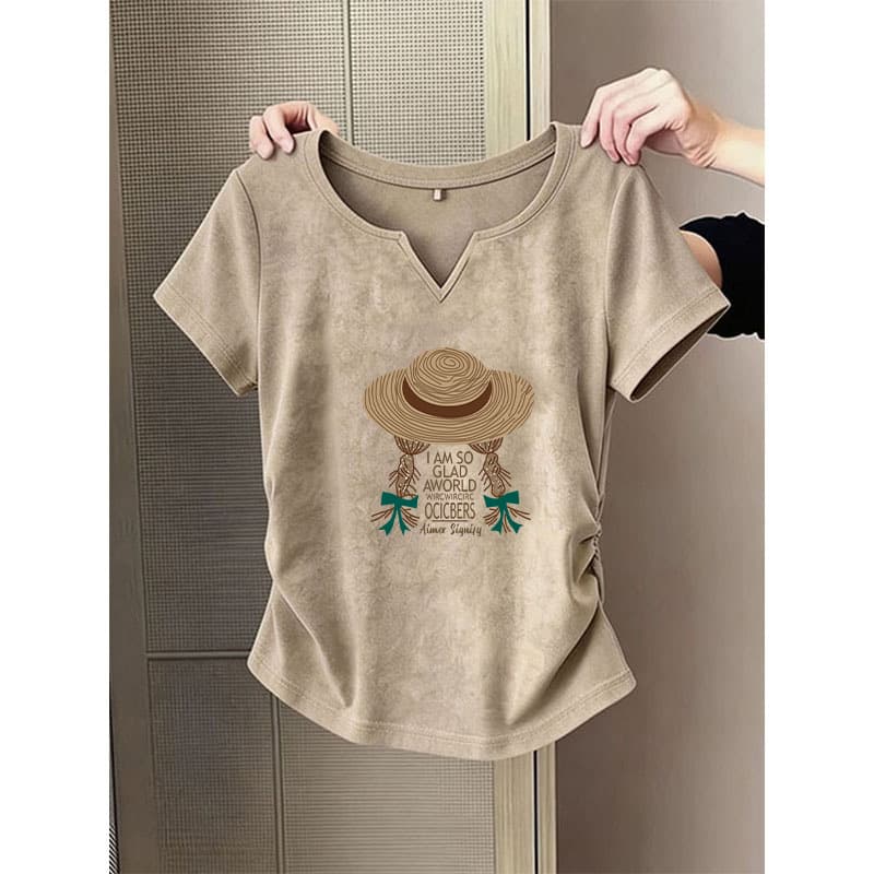 Khaki shoulder V-neck pure cotton short-sleeved t-shirt women's 2026 new pleated waist top bottoming shirt summer