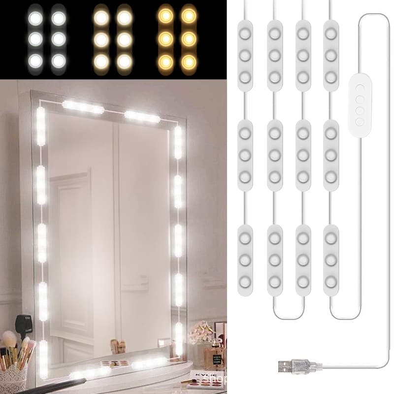 Cross-border Amazon Makeup Light Module USB Three-Tone Dimming Self-adhesive Vanity Mirror Light Hollywood Makeup Mirror Bulb Factory