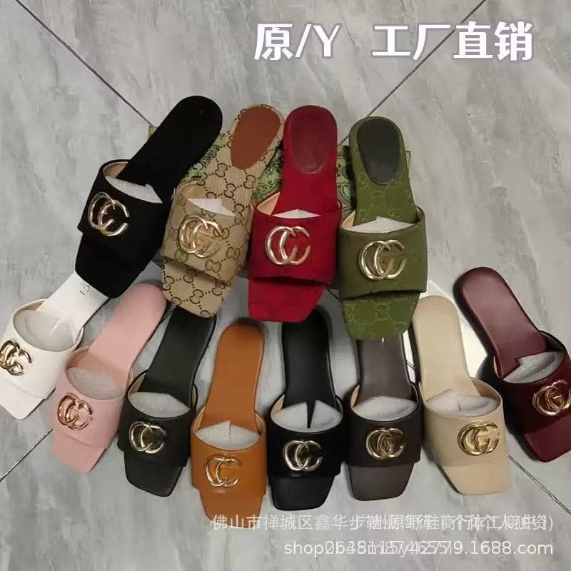 Cross-border High-end G Brand Women's Fashion Slippers Classic Chic Versatile Solid Color Metal Decoration Flat Sandals Wholesale