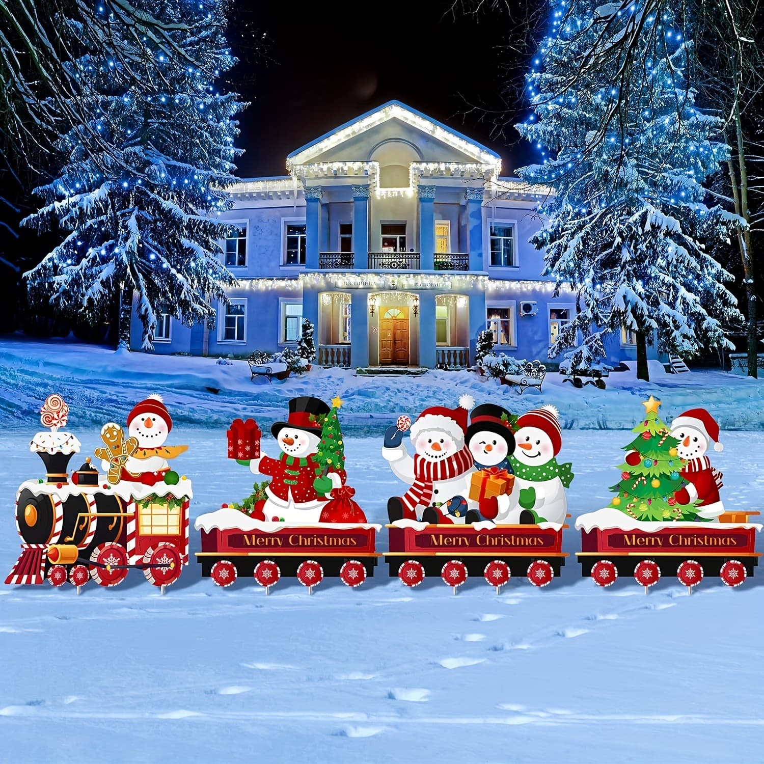 Cross-border Amazon Hot Selling Christmas Outdoor Yard Train Decor Snowman Lawn Sign Small Train