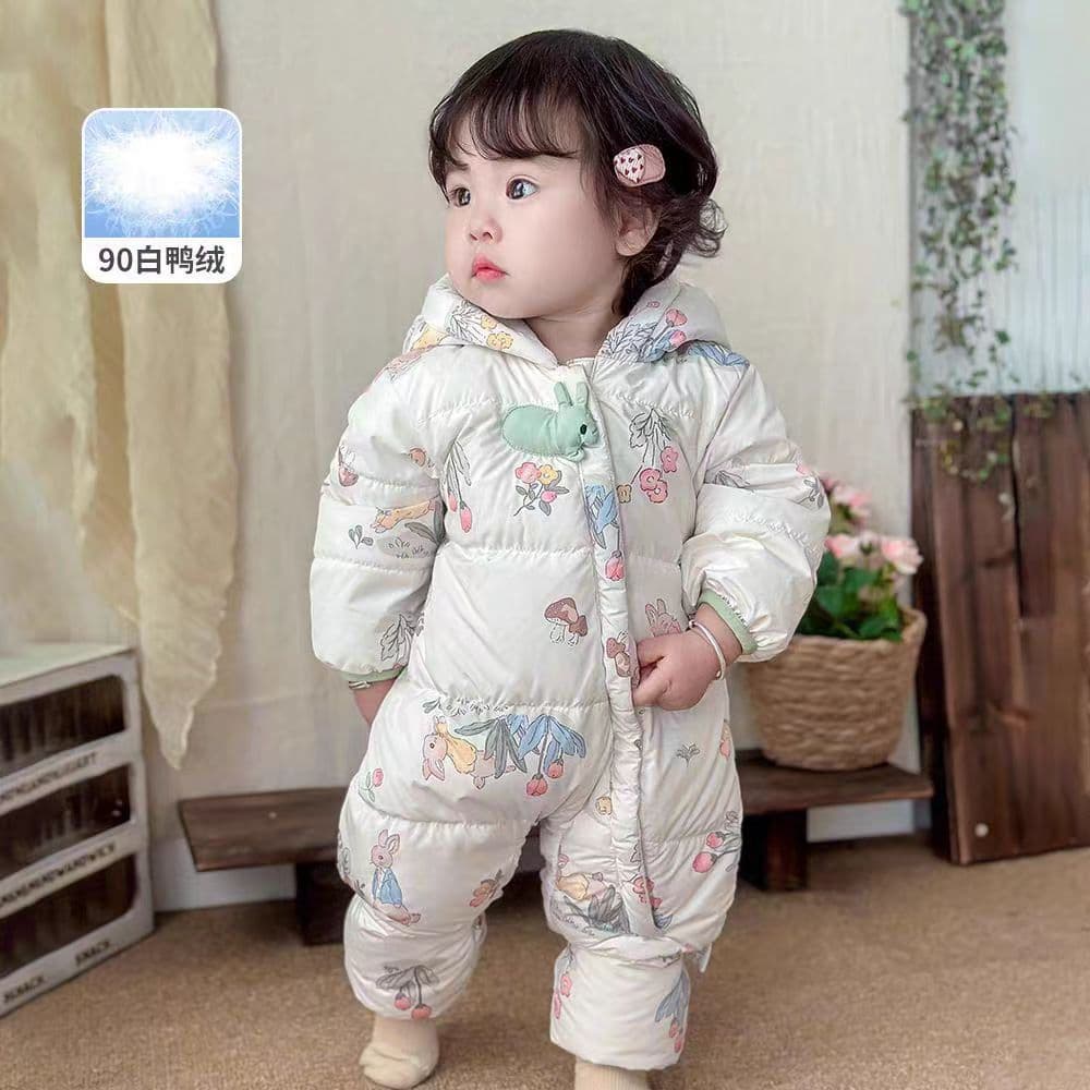 [Foot-covering option] Infant down jumpsuit, baby winter crawl suit for boys and girls, hooded romper with white duck down windproof