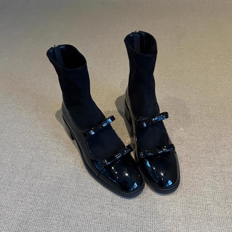 Sheepskin version~ Chanel-style bow elastic slim boots 2025 versatile niche fashion back zipper chunky heel ankle boots