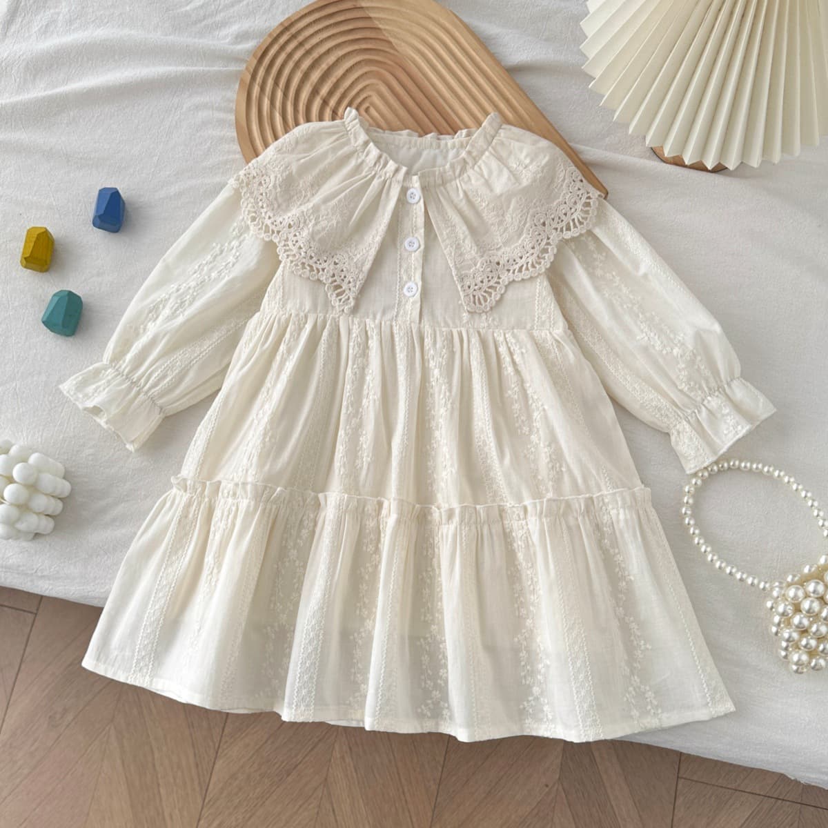 Spring/Fall New Girls Lace Trim Doll Collar Long Sleeve Dress Korean Princess Cotton Dress Stylish 6791