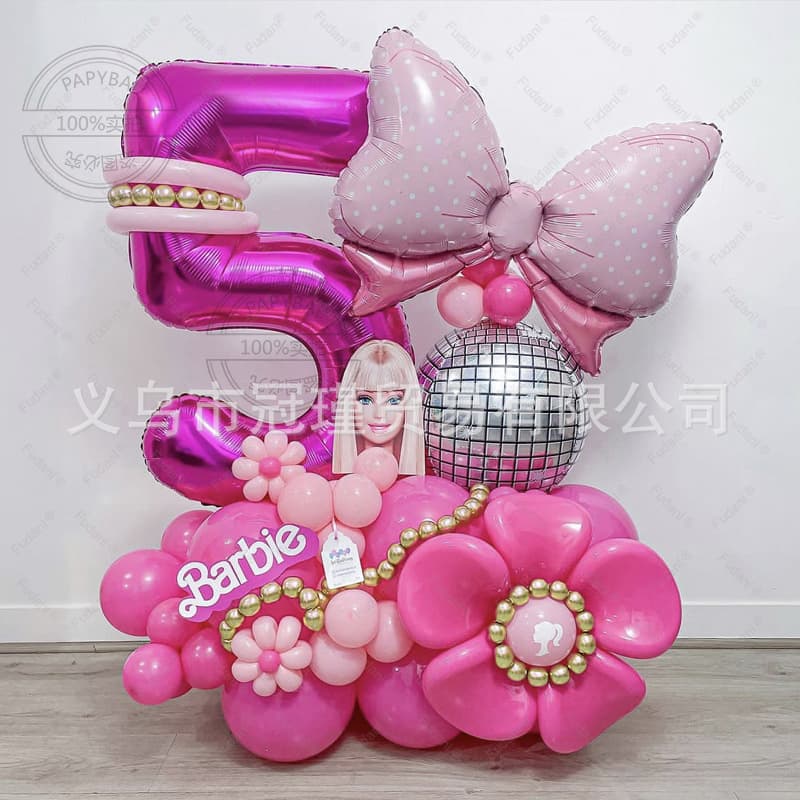 Pink Bow Barbie Princess Series Disco 4D Aluminum Foil Column Balloon Chain Girl Pink Birthday Gift