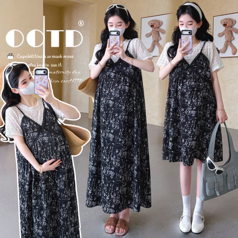 Maternity Dress Summer Fashionable Faux Two-Piece Floral Maternity Dress Loose Plus Size Slimming Age-Reducing Dress for Women