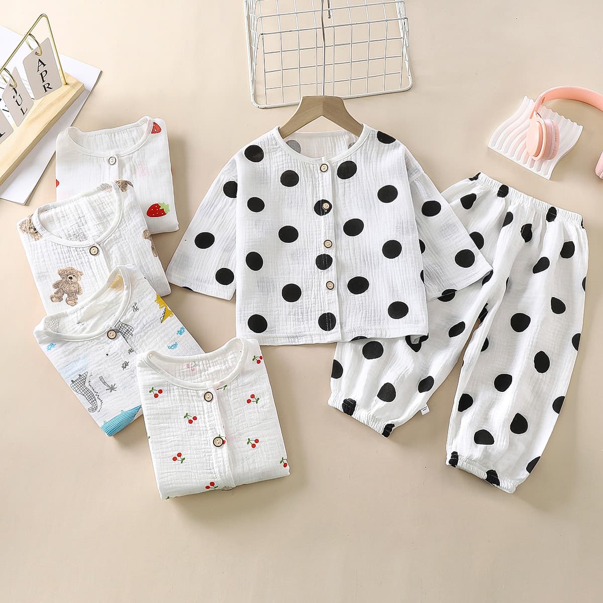 Children's Summer Pure Cotton Double-Layer Soft Gauze Homewear Spring and Summer Thin Baby Pajamas Long-Sleeved Air Conditioning Clothes for Boys and Girls