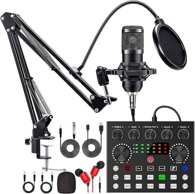 V8S English Live Streaming Sound Card Microphone, Compatible with BM800 Boom Arm Set, Live Streaming Sound Card Podcast Full Kit TK
