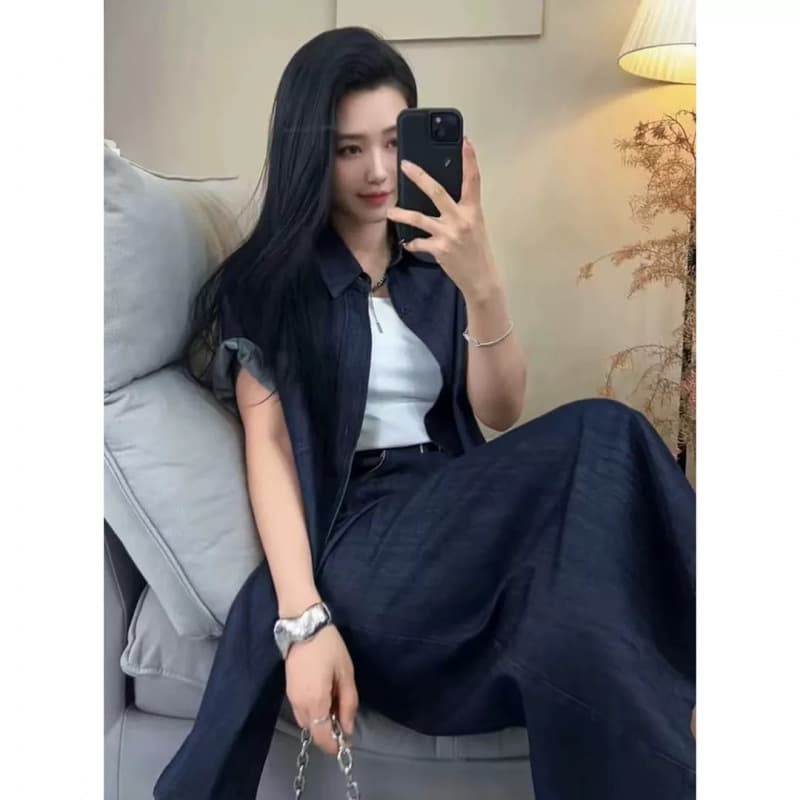 Hong Kong Retro Denim Skirt Set Women's Summer New High-End Short-Sleeve Shirt High-Waist Skirt Two-Piece Set