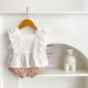 2026 Summer Ins Baby Girl Lace Trim Flutter Sleeve Top + Small Floral Shorts 2-Piece Set