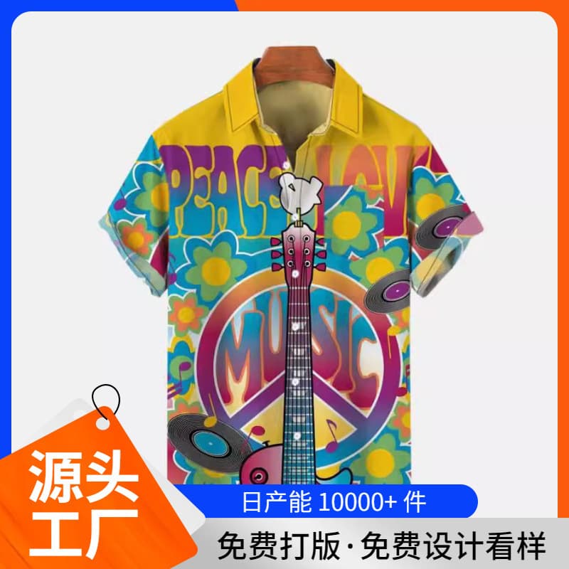Cross-Border Hot-Selling Vintage Peace and Love 3D Printed Short-Sleeve Shirt for Men, Hawaiian Style Casual