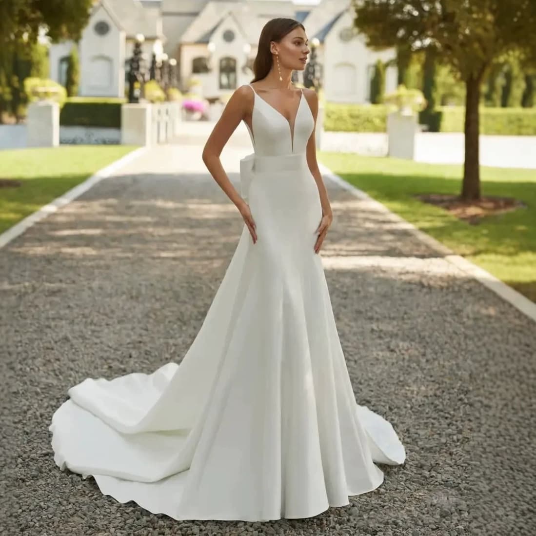 Wedding Dress European American Export Satin Wedding Dress New White Deep V-Neck Two-Way Wear Detachable Wedding Dress