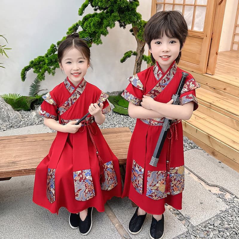 Children's clothing spring and summer spliced antique style boys' skirts Chinese chivalrous style robes elegant juvenile red one piece drop shipping