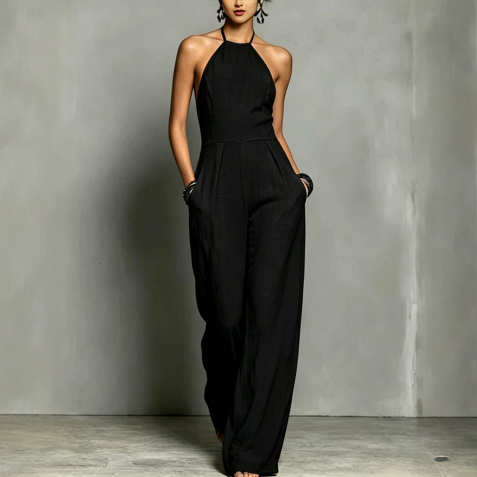 2026TK Amazon New Cross-Border Women's Fashion European and American Resort Style Pleated Halter Backless Wide-Leg Jumpsuit