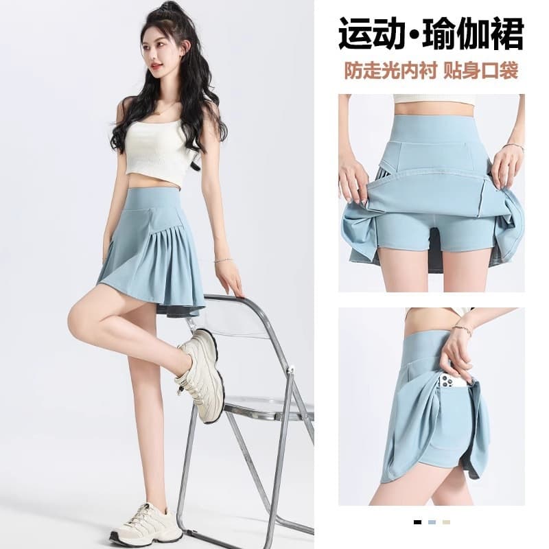 Black Pleated Skirt Anti-Exposure Fake Two-Piece High Waist Sports Short Skirt Pants Five-Point Pants Yoga Dance Fitness Half Skirt