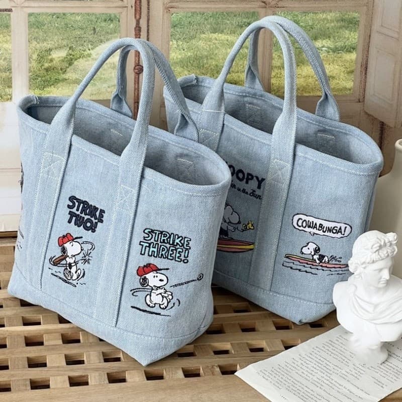 Snoopy Embroidered Denim Strap Snap Button Snoopy Tote Bag Portable Lunch Bag Cross-border Cartoon Bag