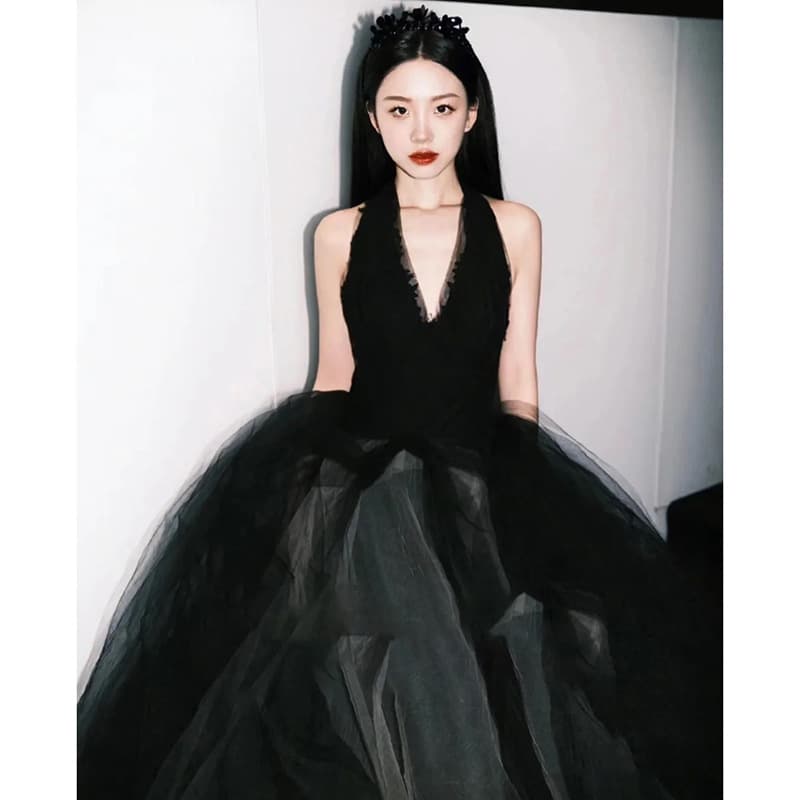 Black V-Neck Princess Evening Gown for Women, High-End Luxury Banquet Dress, Unique Host, Art Exam, Adult Ceremony, Premium Sense