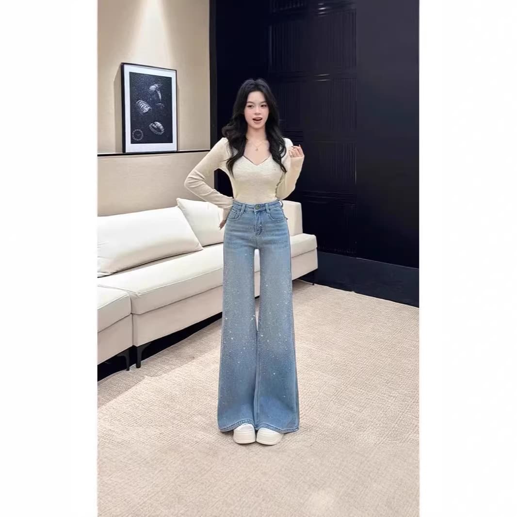 2026 Starlight Sparkle Rhinestone Wide-Leg Jeans for Women Spring/Summer High-Waist Loose Fit Slimming Straight-Leg Floor-Length Pants