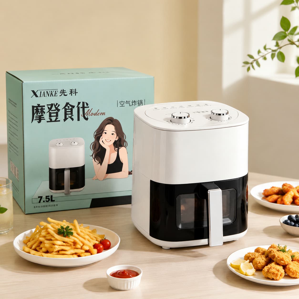 Xianke Air Fryer Home Visibility 7.5L Large Capacity Oven Combo Electric Fryer French Fry Maker Wholesale Gift
