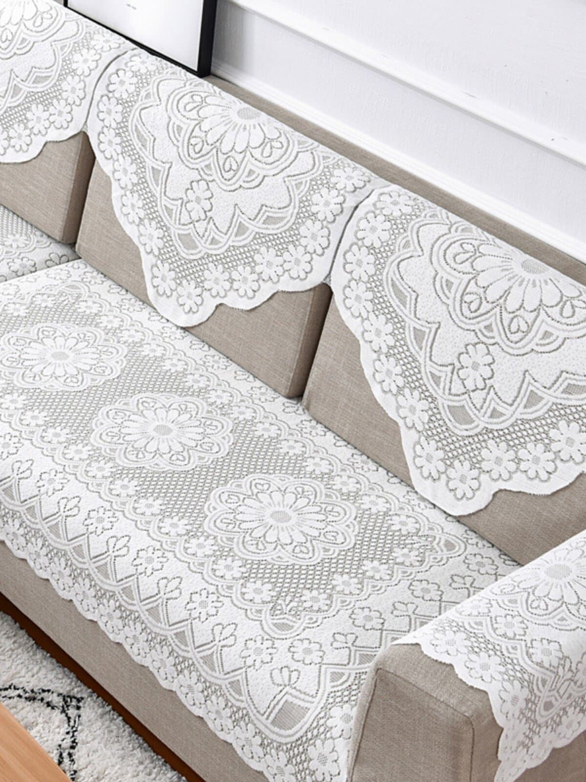 Sofa towel armrest towel white lace sofa cushion gauze towel hollow triangle square towel seat cushion cover F^