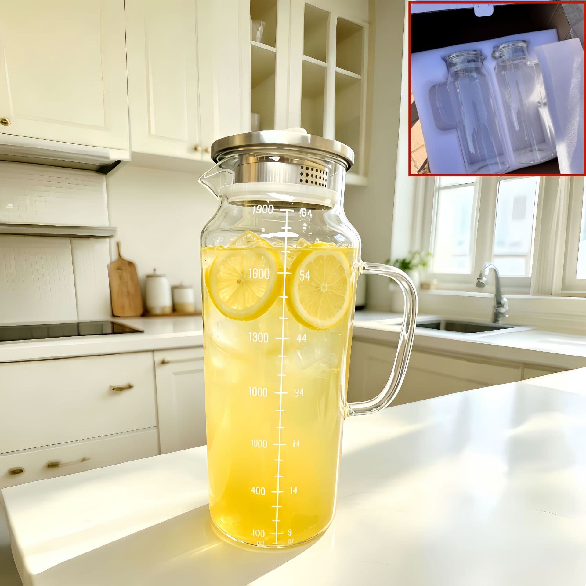 Trendy Transparent Glass Cold Water Pitcher with Filter Lid, Large Capacity, Household Iced Tea Pitcher Gift Box Set