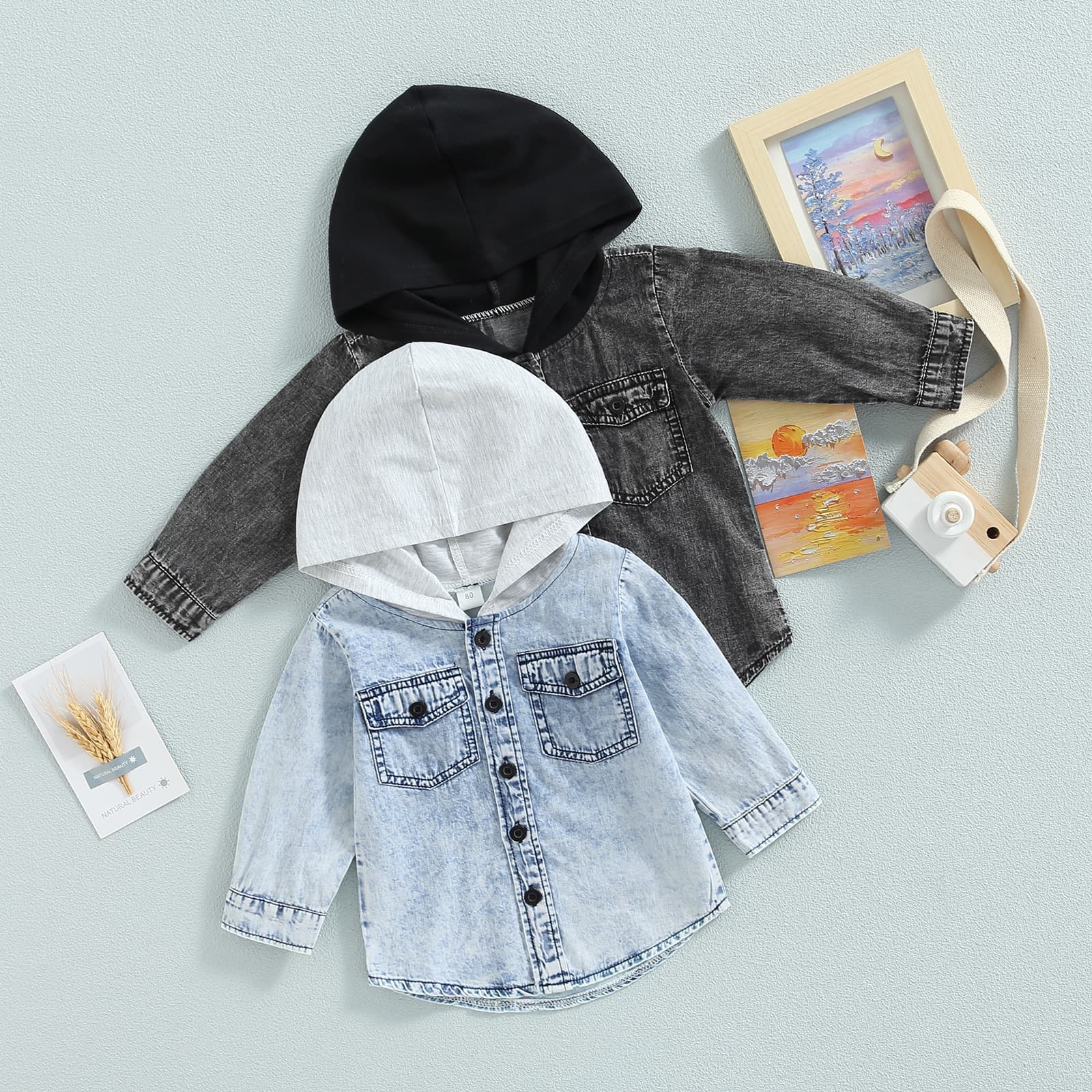 Autumn New Arrival Girls' Trendy Solid Color Hooded Denim Long-Sleeved Top, Versatile Denim Jacket