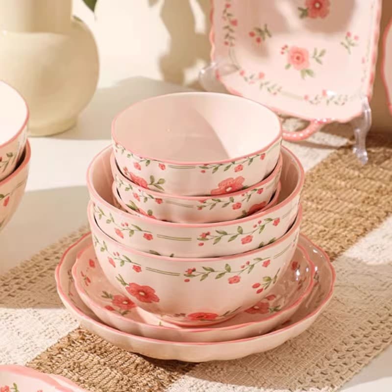 Girly pink ceramic dishes, household underglaze colored bowls, plates and chopsticks, new home tableware set, beautiful bowls and plates