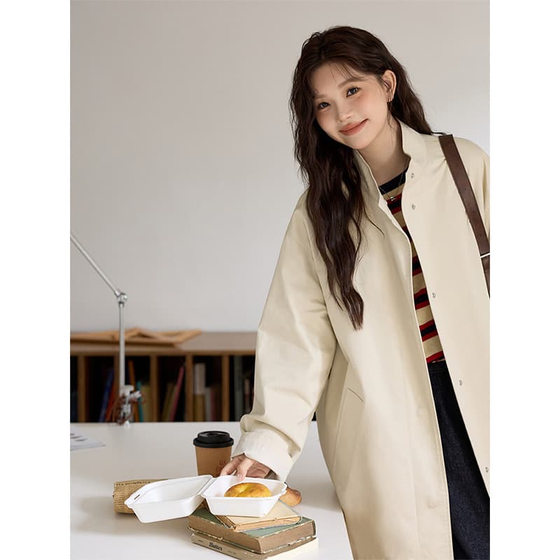 Large Size Women's Pure Cotton Mid-Length Stand Collar Trench Coat, 2025 Early Autumn Solid Color Retro Slimming Loose College Style Jacket
