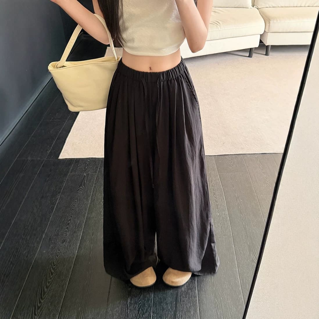 Black cotton and linen wide leg culottes for women summer thin large size fat mm loose slimming casual pants