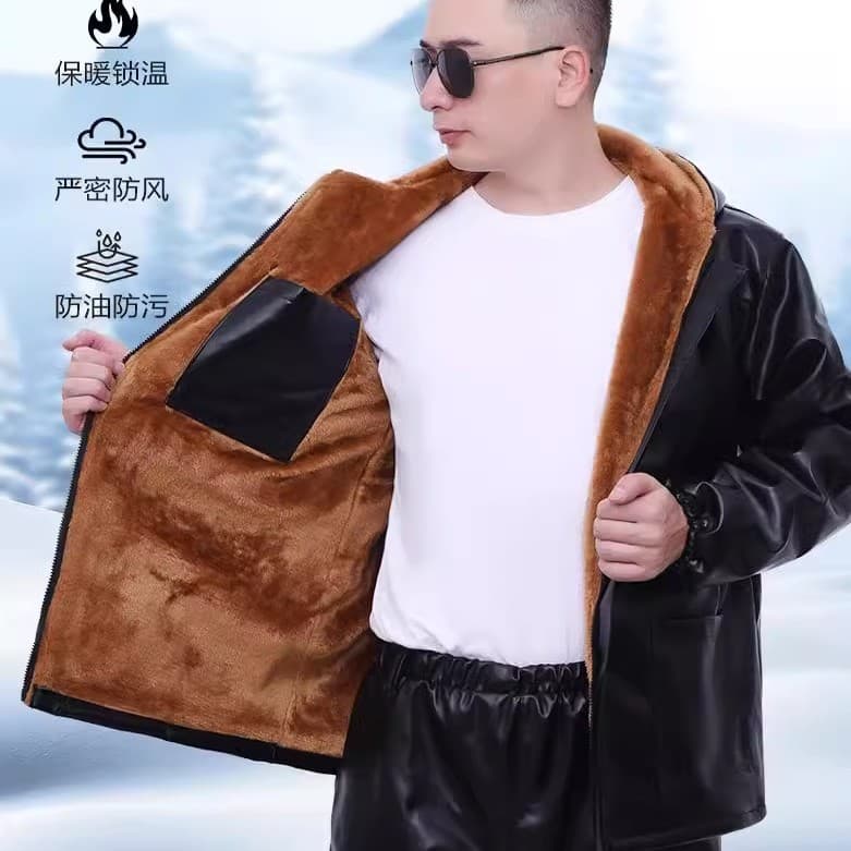 Ride-Sharing/Delivery Cold Storage Elderly Men's Cold-Proof Leather Padded Jacket, Winter Leather Suit Set with Fleece Lining and Thickening