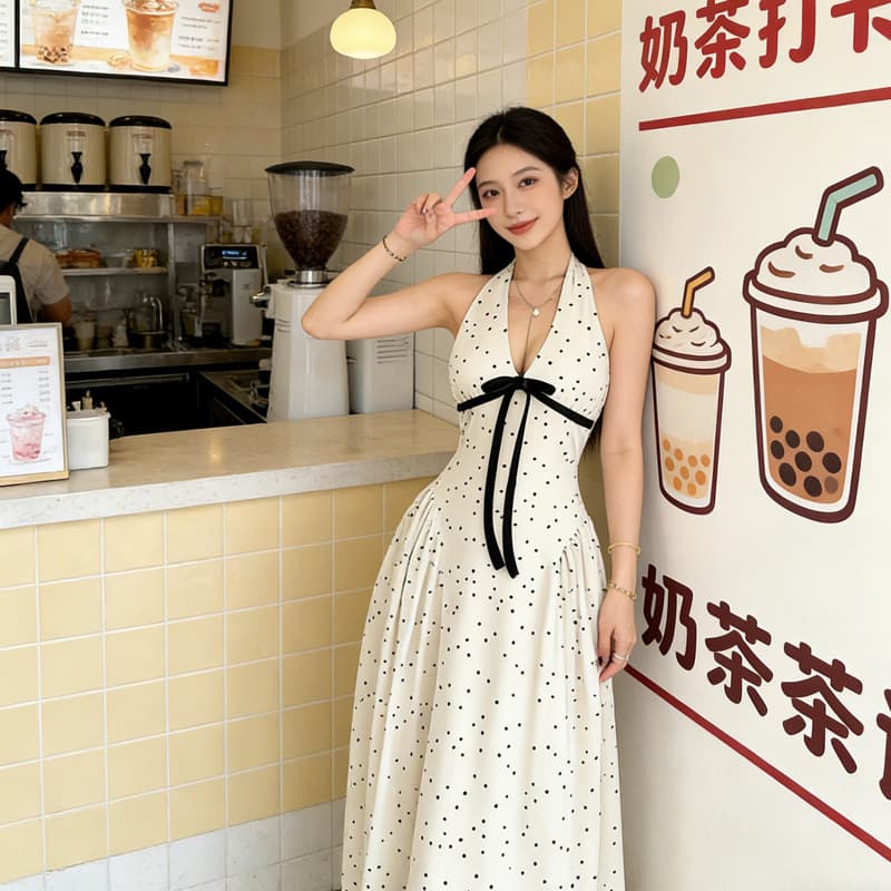 Summer French polka-dot halter dress for women, waist slimming, gentle style, wide swing, long holiday dress, trendy
