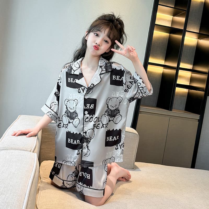 Summer New Girls Homewear Lapel Short Sleeve Children Pajamas Ice Silk Middle Big Child Air Conditioning Suit Little Girl Pajamas