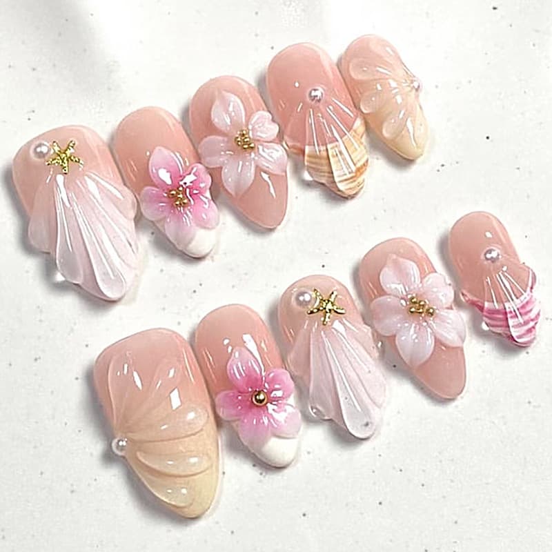 Almond Press-On Nails 30 Pieces Summer Beach Shell 3D Floral Butterfly Heart Press-On Nails Handcrafted Premium