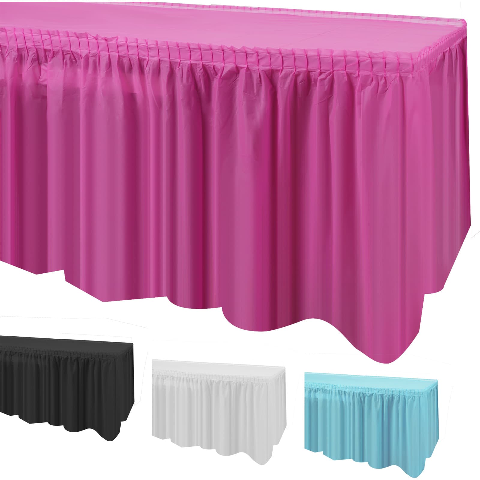 Amazon party table skirts for gatherings, wedding decorations, PEVA waterproof and oil-proof rectangular colorful table skirt sets.