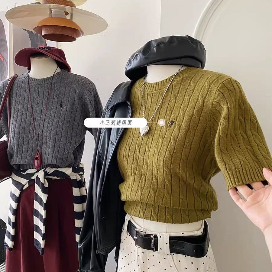 Retro Stylish Embroidered Short Sleeve Knitted Sweater Women's Autumn Inner Wear Summer Half Sleeve Twist Knit Top
