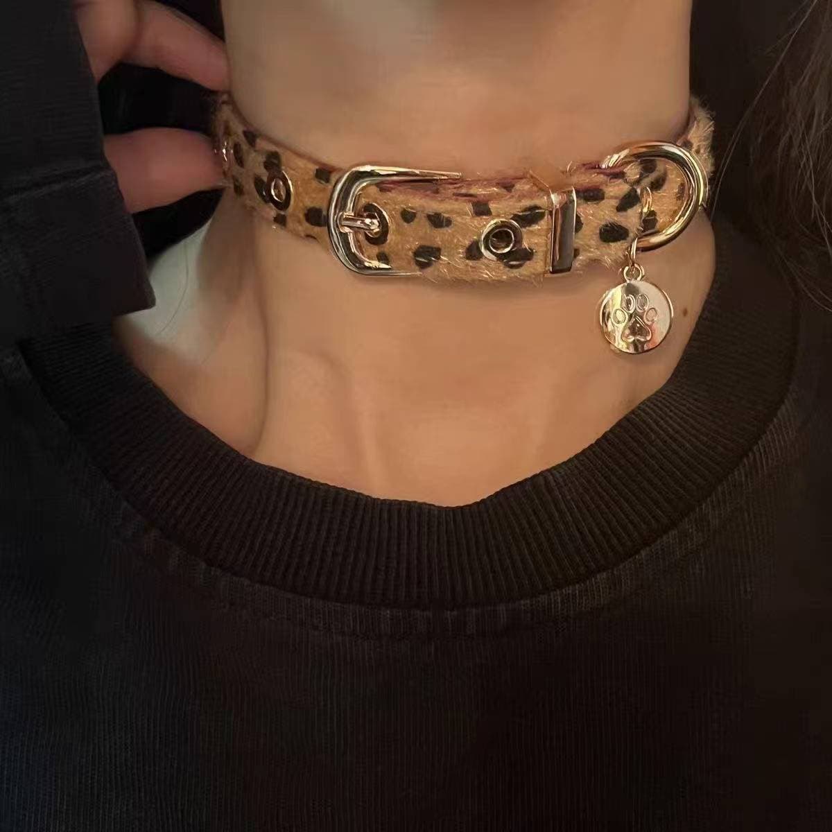 Leopard Print Choker Collar Y2K Trendy Brown Fur Necklace Unique Sweet Cool Subculture Neck Accessory