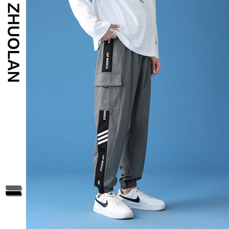 Summer trendy plus-size cargo pants, cropped style, multi-pocket slim-fit pants, youth plus-size harem pants for men.