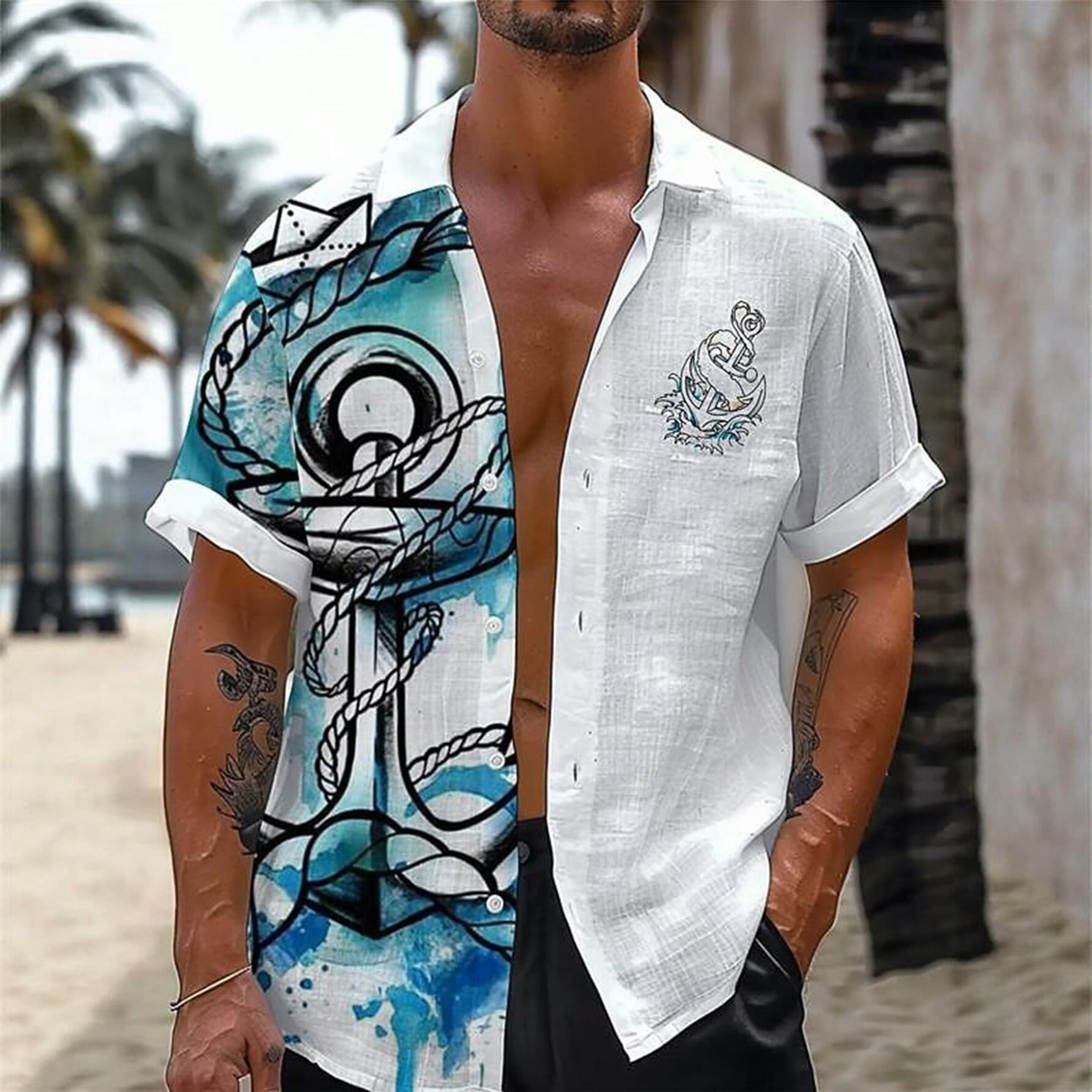 Cross-border Nautical Style Asymmetrical Ship Anchor Watercolor Print Linen Texture Men's Short Sleeve Shirt In Stock