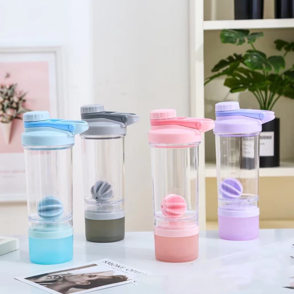 Double-layer large handle shaker cup with powder box ball AS sports water cup outdoor milkshake cup 500ml available in stock